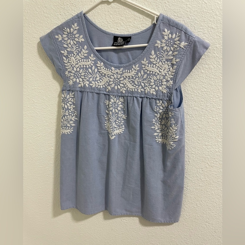 Madison Matthews Blue Blouse with White Embroidery